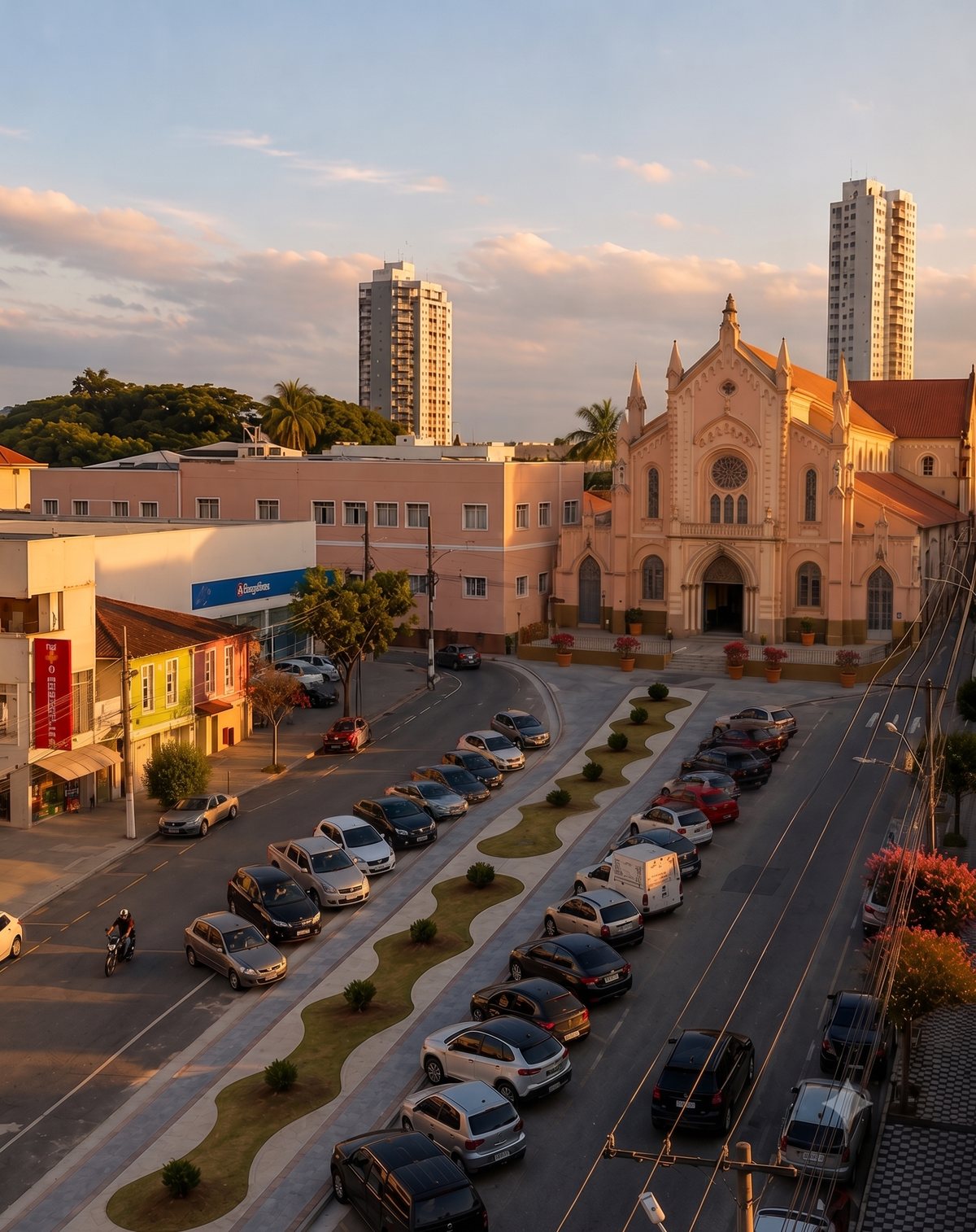 Simulação do centro revitalizado ao entardecer: a praça com os canteiros novos, o estacionamento organizado e a igreja ao fundo.