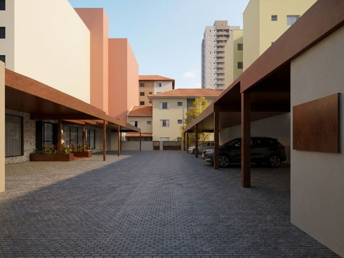 Simulação do estacionamento coberto, com as duas lojas voltadas para ele.