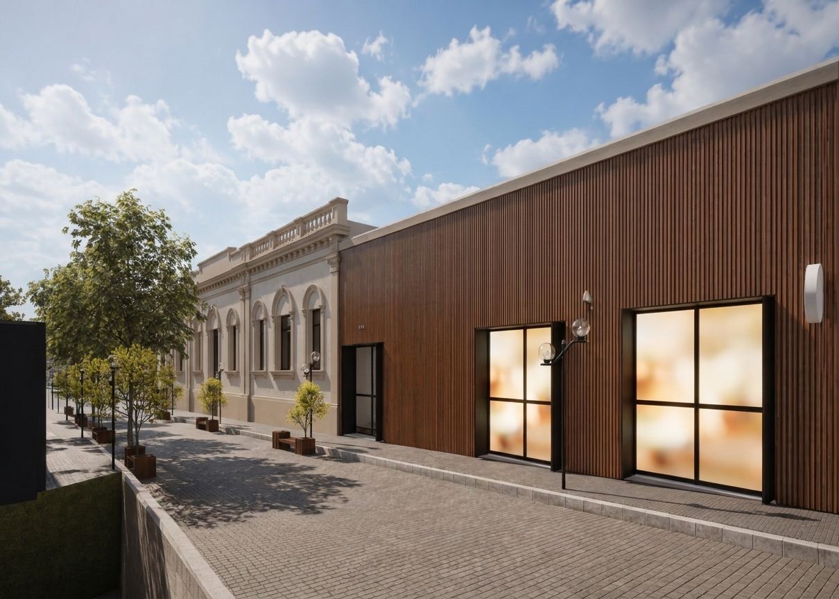 Simulação da galeria: fachada em ripado de madeira com as esquadrias funcionando como painéis digitais luminosos.
