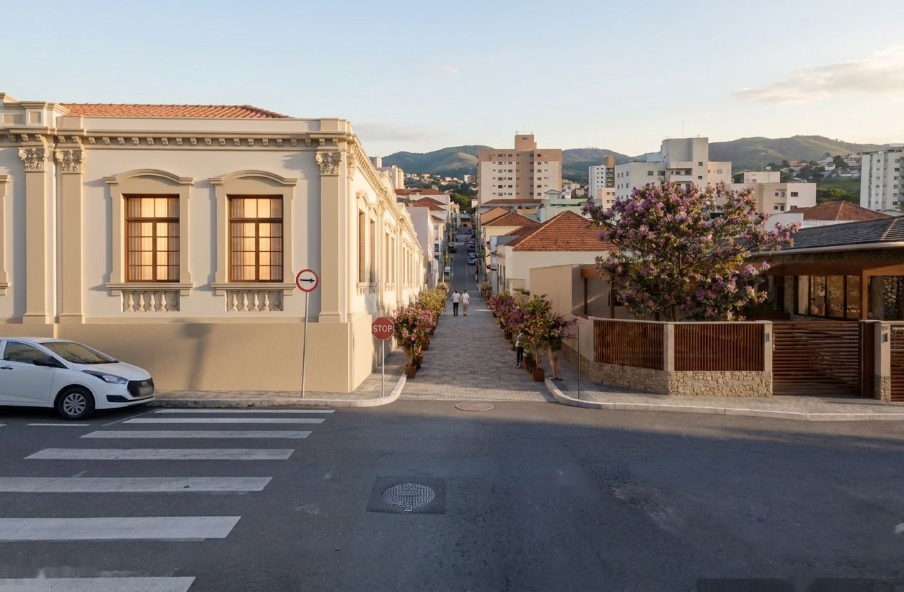Simulação da Rua Bueno Brandão como via compartilhada, com o edifício de 1910 restaurado à esquerda.