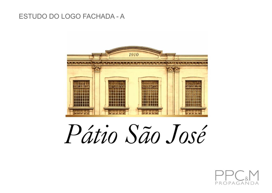 O logo do Pátio São José: um desenho da própria fachada, com 1910 no frontão.