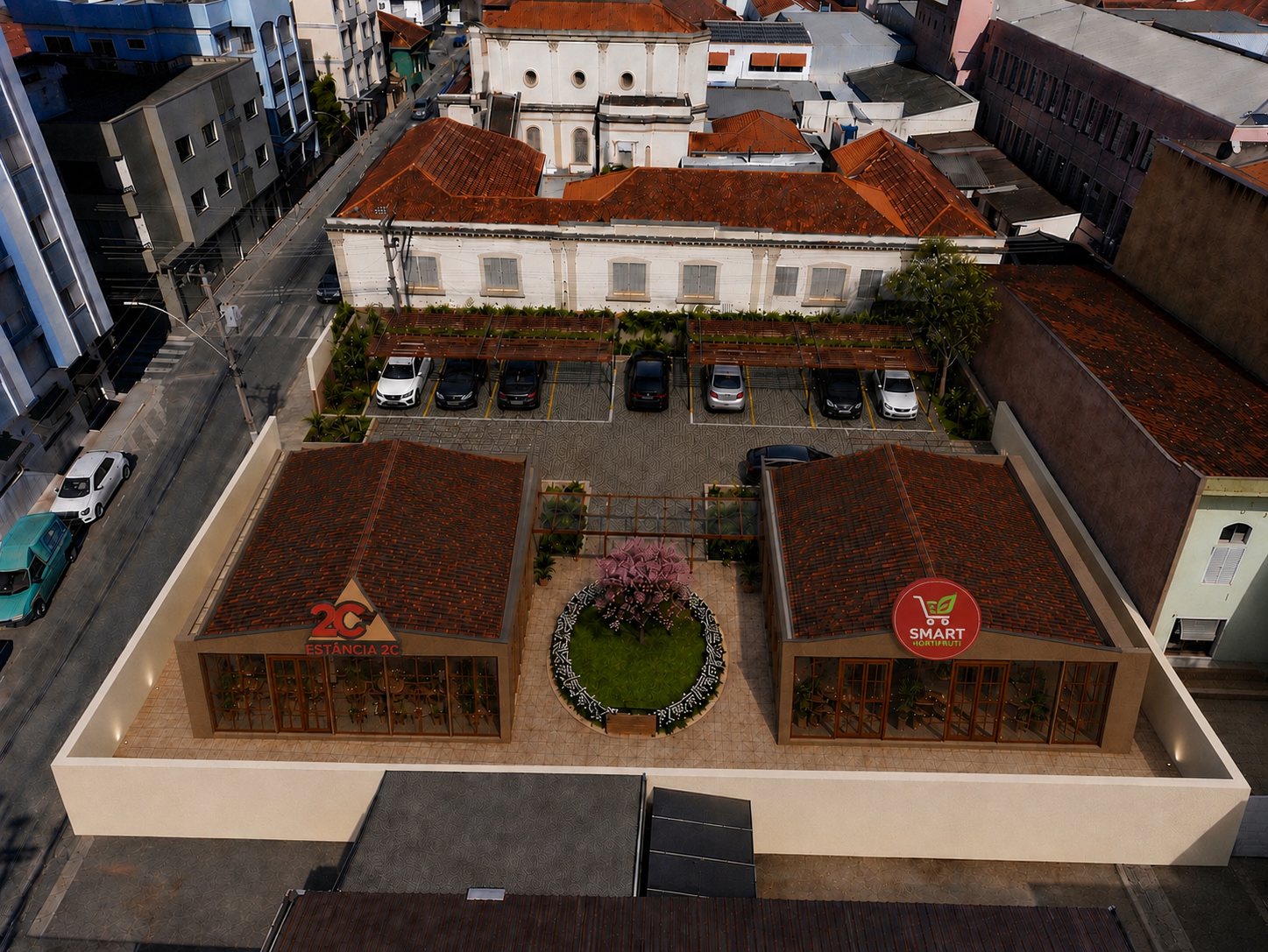 Vista aérea do lote a leste: o estacionamento coberto, as duas lojas com seus letreiros e o jardim entre elas.