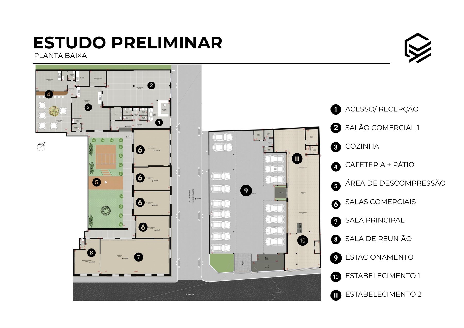 Planta baixa do conjunto: convento a oeste, estacionamento e lojas a leste, via compartilhada entre eles.